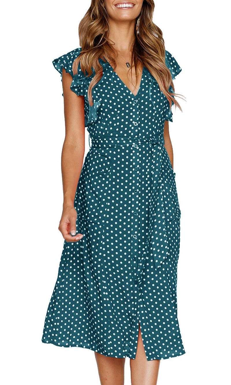 MITILLY Women's Boho Polka Dot Flutter Short Sleeve V Neck Button Down Swing Midi Dress with Pockets Medium Teal - Image 1